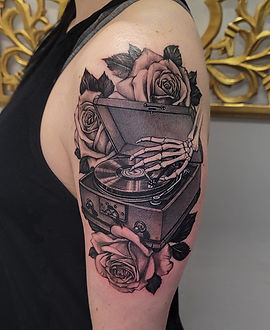 Record Player & Roses — Black & Grey tattoo by Jessica