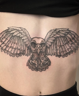 Winged Owl Skull — Black & Grey tattoo by KK