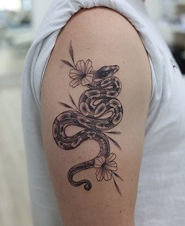 Snake & Blossoms — Black & Grey tattoo by Emma