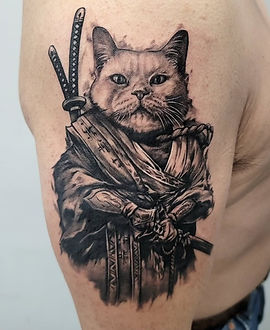 Samurai Cat — Black & Grey tattoo by Jessica