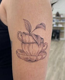 Stacked Teacups — Fine Line tattoo by Emma