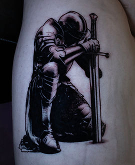 Resting Knight — Black & Grey tattoo by Becca