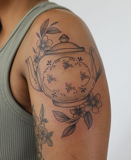 Botanical teapot tattoo by Emma at Black Canvas
