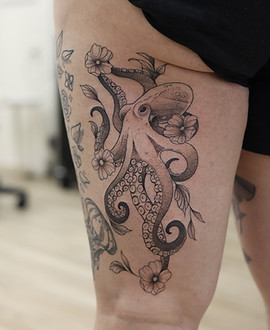 Floral Octopus — Black & Grey tattoo by Emma